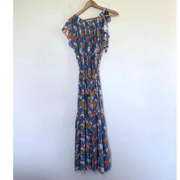 SHOSHANNA periwinkle blue yellow floral Peony smocked midi spring dress - Picture 2 of 13